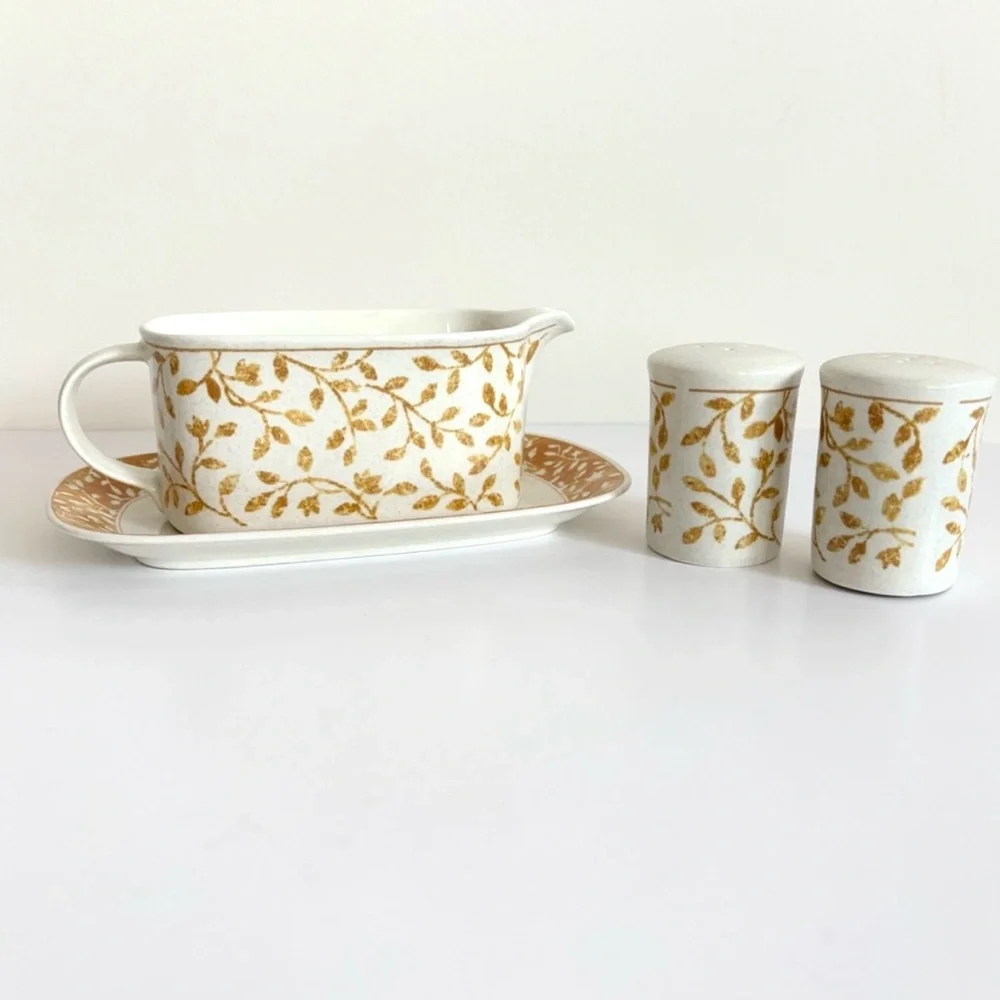 Vintage Mikasa Intaglio Gravy Boat with Salt and Pepper Shakers Ardsley Yellow